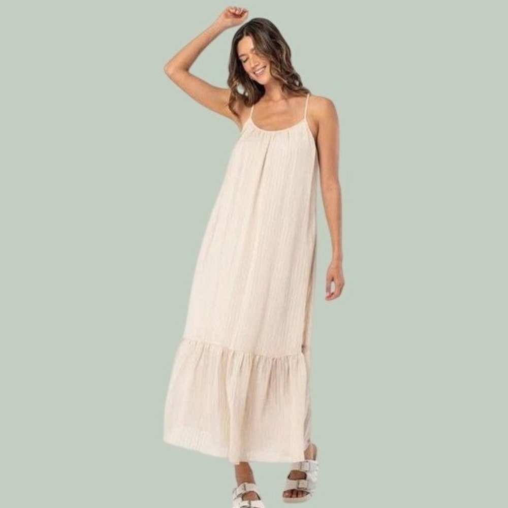 MABLE Women Dress L Cream 100% Cotton Gauze Tiered Maxi Boho Cottagecore Coastal